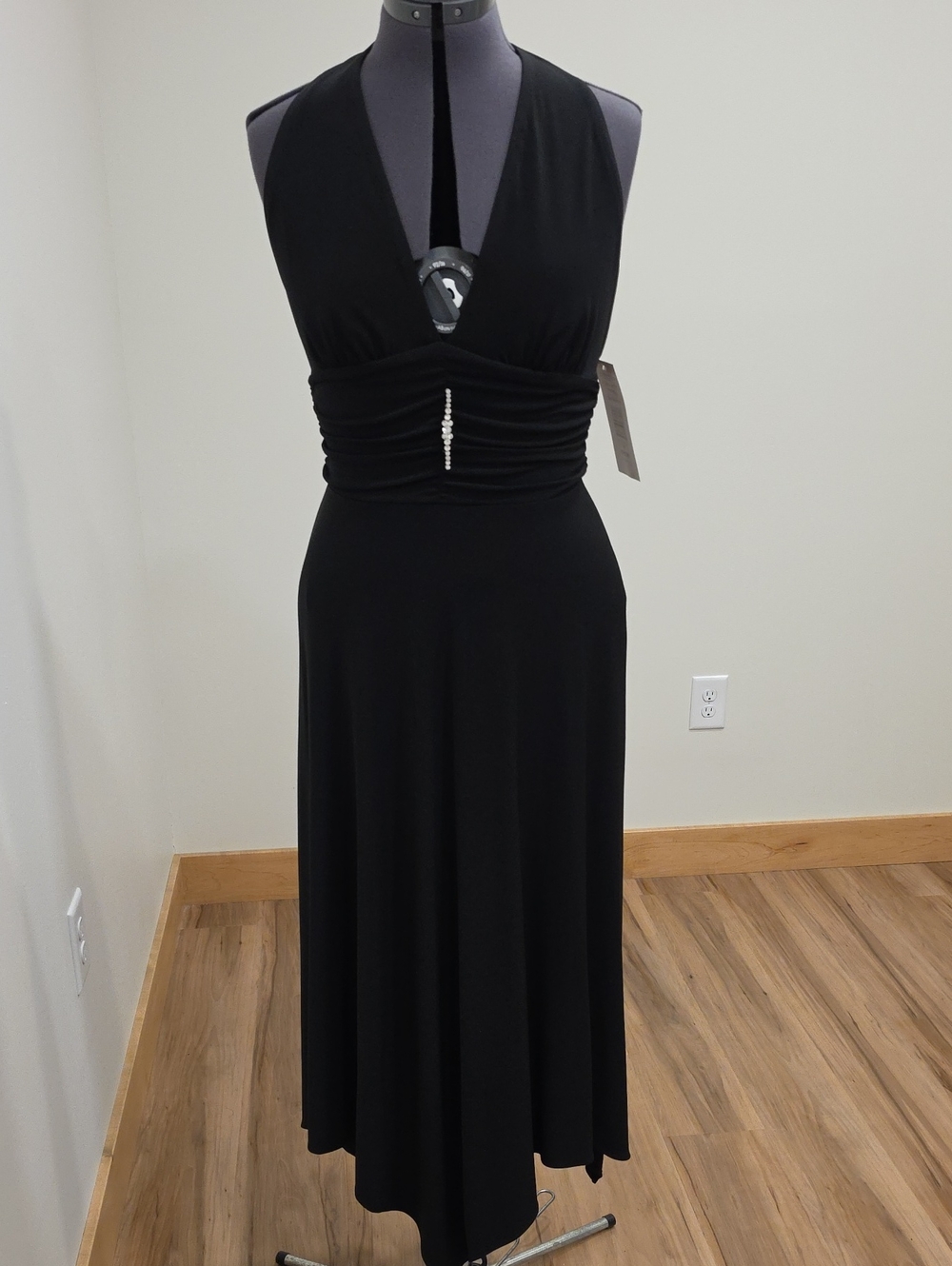 Elegant Black Halter Maxi Dress with Crystal Waist Detail